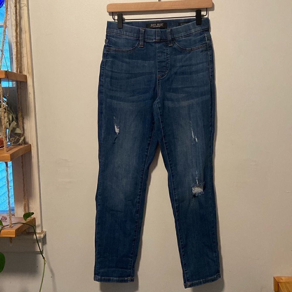 Judy Blue Dark Wash Distressed Elastic Waist Boyfriend Fit Jeans Size 3 / 26
